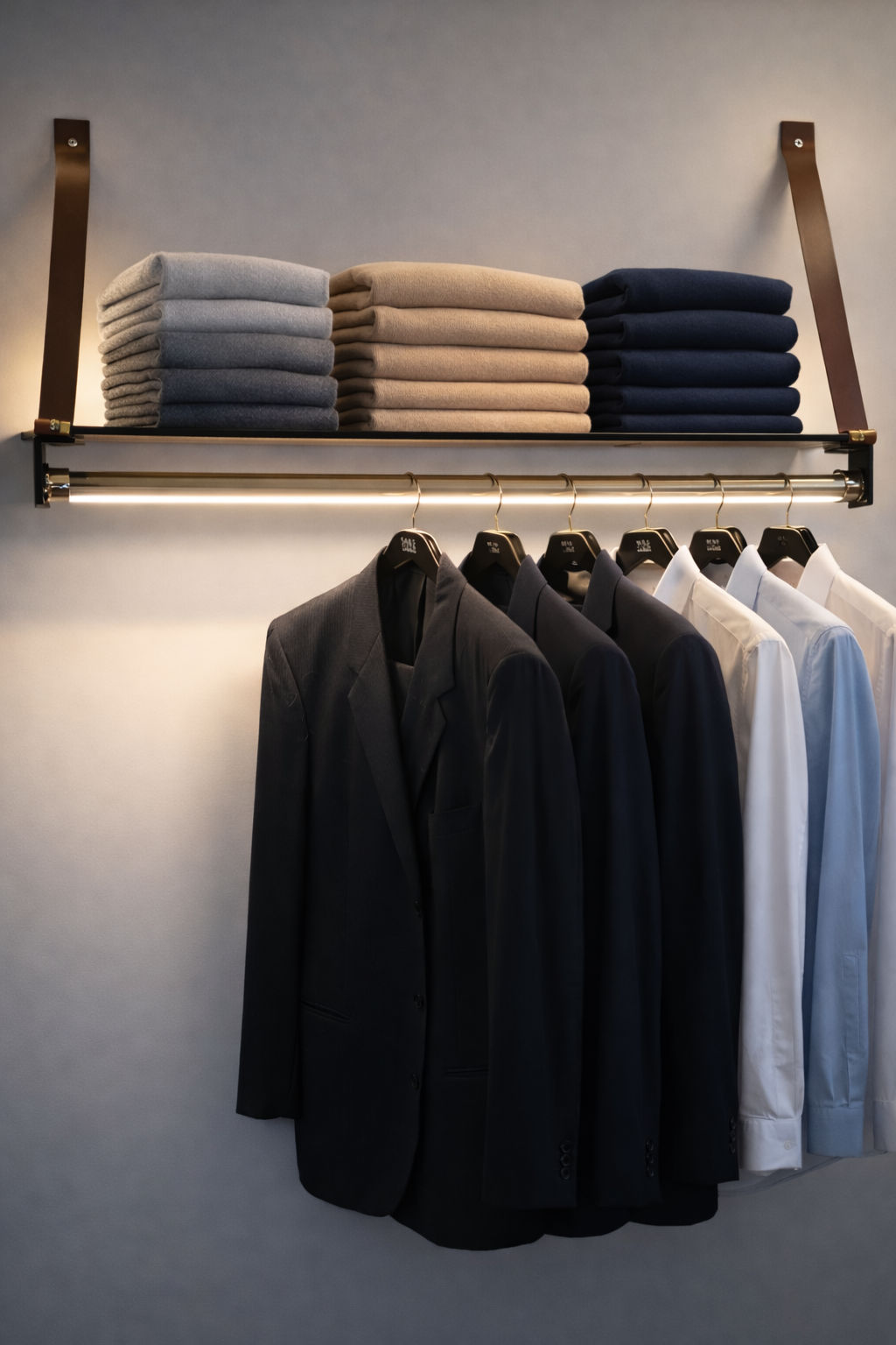 Clothing rack with LED with folded clothes on a shelf and hanging jackets against a gray wall.
