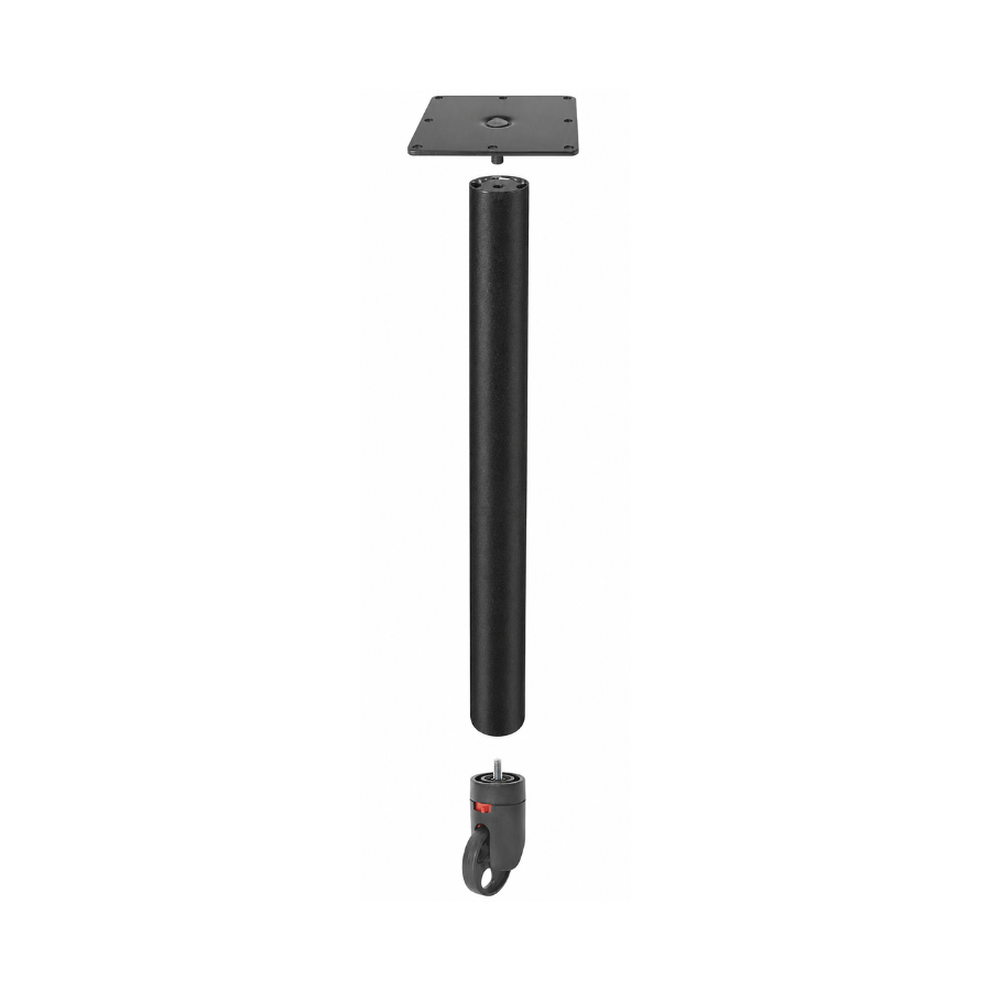 Hafele Black metal table leg with square base and caster wheel on a white background