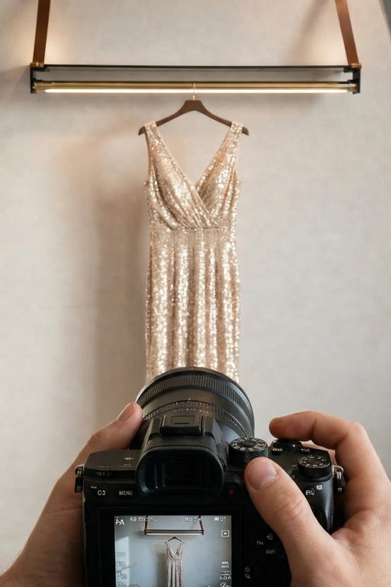 Person taking a photo of a sequined dress with a camera hanging on a LED Wardrobe Display