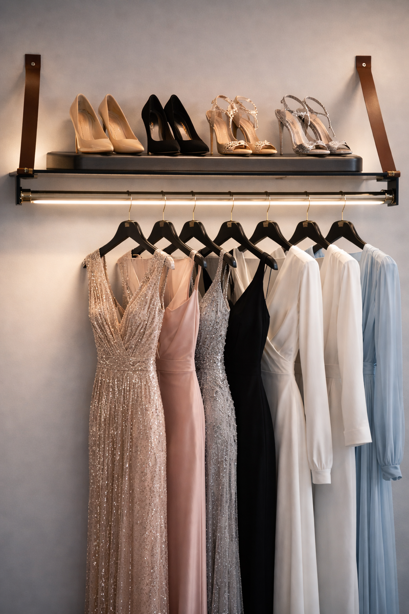 Garment unit with LED and shelf with high-heeled shoes and dresses on hangers against a gray wall.