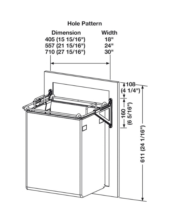 A black and white line drawing showing a Hafele TAG tilt out hamper with dimension annotations for the hole pattern and width, including measurements such as 108, 160, 611, and widths 18, 24, and 30.