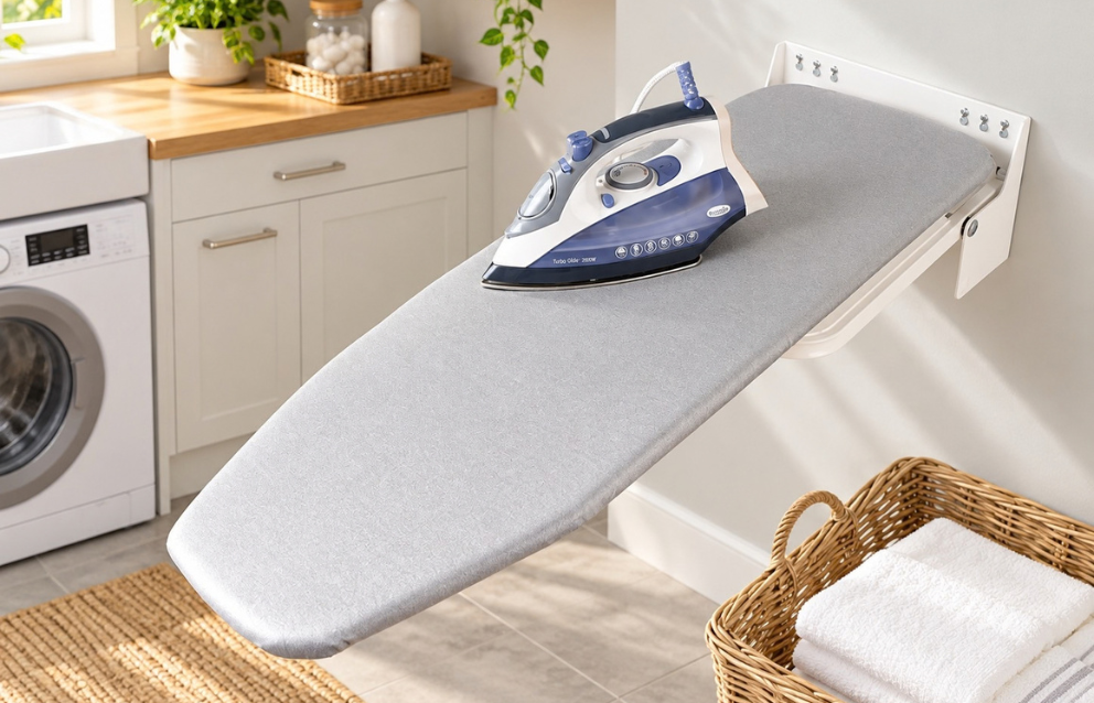 Hafele wall mounted ironing board mounted on the wall of a modern laundry room