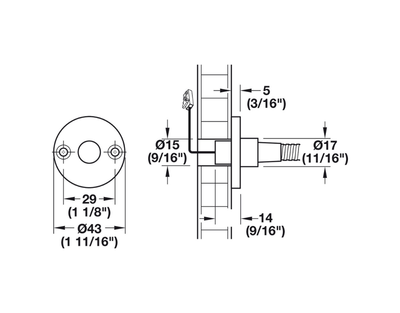 Technical drawing of a LED reading light with dimensions labeled