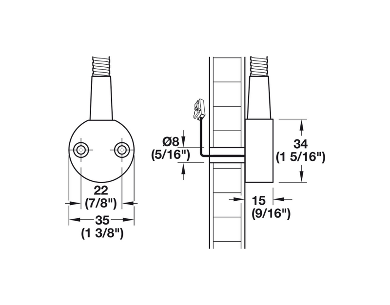 Technical drawing of a flexible reading light with dimensions