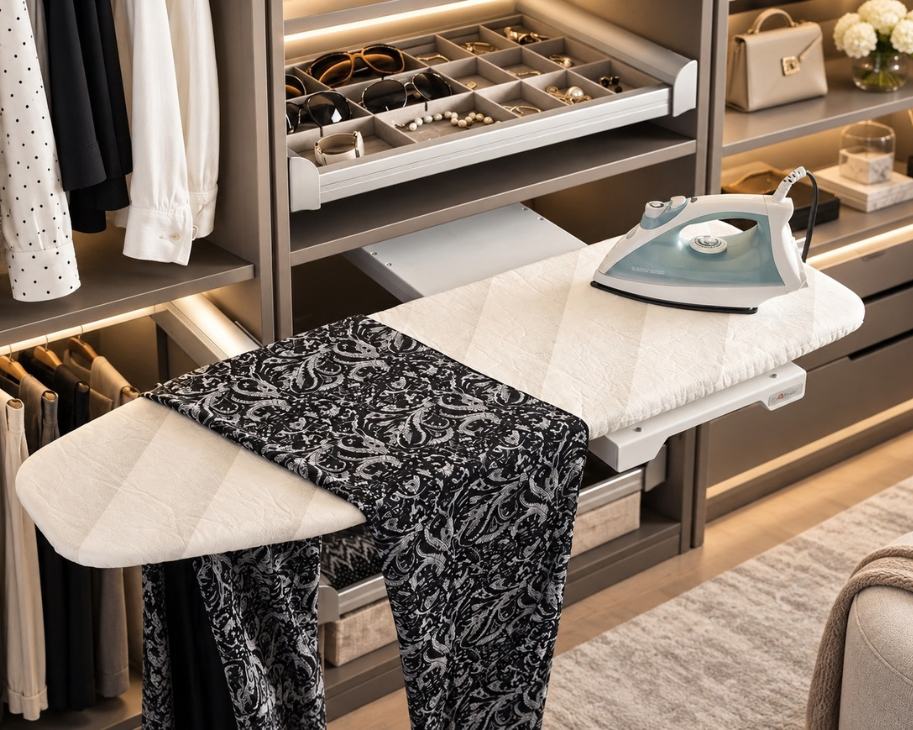 A walk in closet with a Hafele ironing board mounted on a shelf