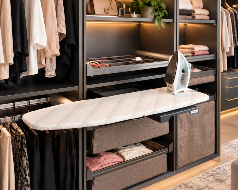 A walk in closet with a Hafele ironing board mounted on a shelf.