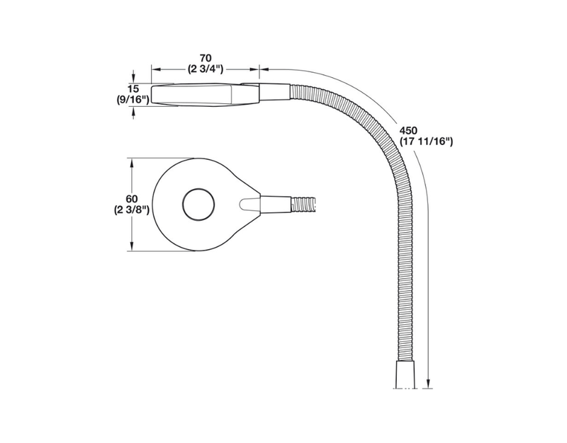 Technical drawing of Hafele flexible reading light with measurements on a white background