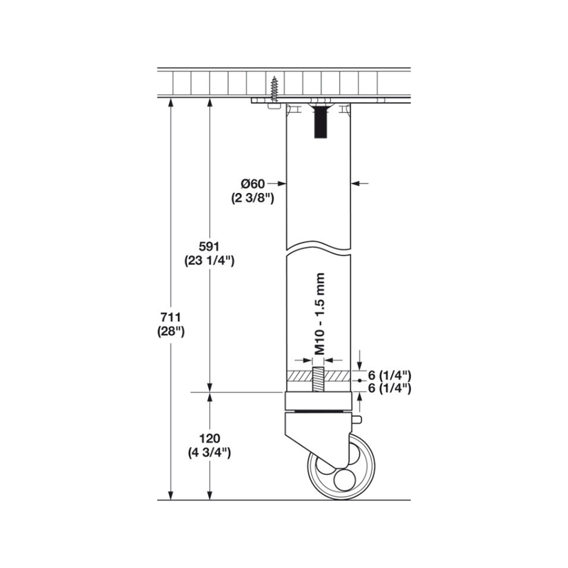 Technical drawing of a cylindrical Hafele table leg and casters with dimensions labeled